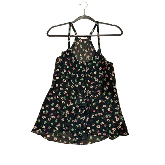 mine Tops - Floral‎ Ruffle Halter Tank Top - dark green